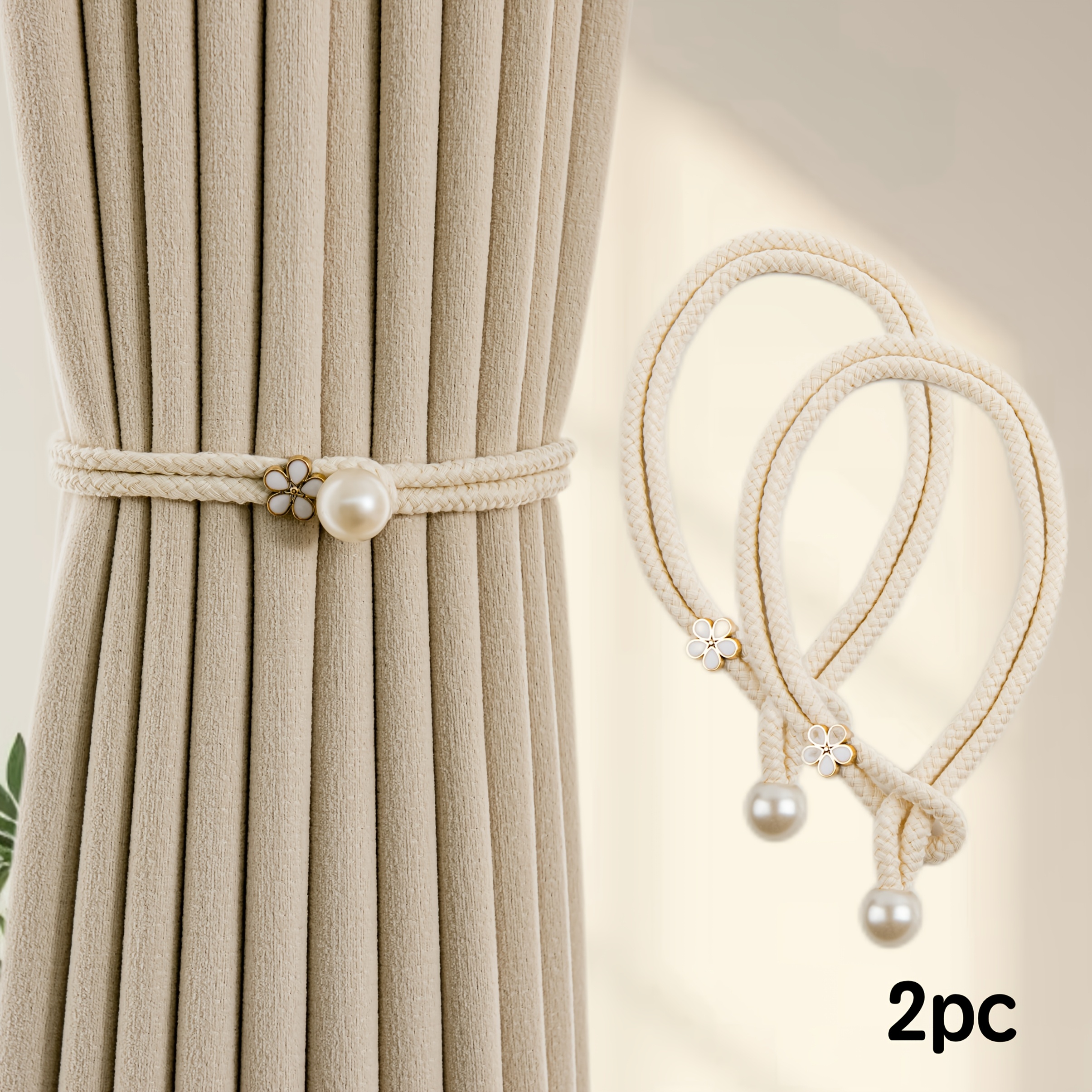 Image of 2pcs Set, Rope Small Floral Curtains Tie-back, Adjustable Elasticity, Easy And Exquisite, Pull- Suitable For Sizes Of Curtains And Sheers, Living Room Bedroom Sheer Curtains Gathering And Securing