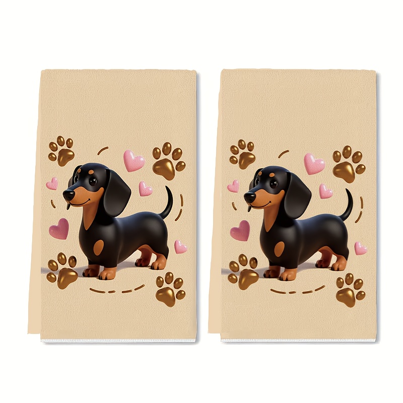 TEMU Un ensemble de 2 torchons en microfibre avec un fond de de pattes de chien de cœur et de de dachshund. facile à imprimé est super , parfait pour
