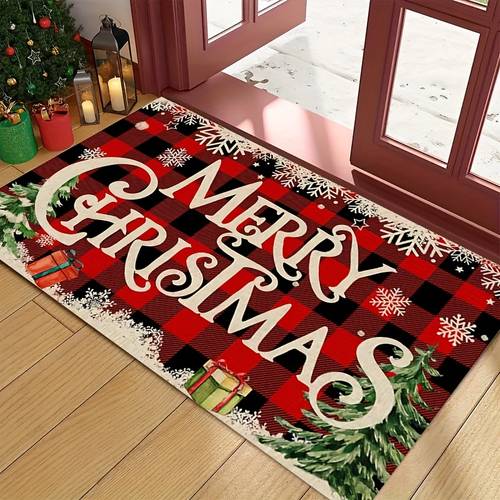 1pc of christmas doormat featuring a black and red checkered design with christmas tree snowflake and gift patterns this decorative mat is suitable for doorways outdoor areas entrances bedrooms living rooms kitchens