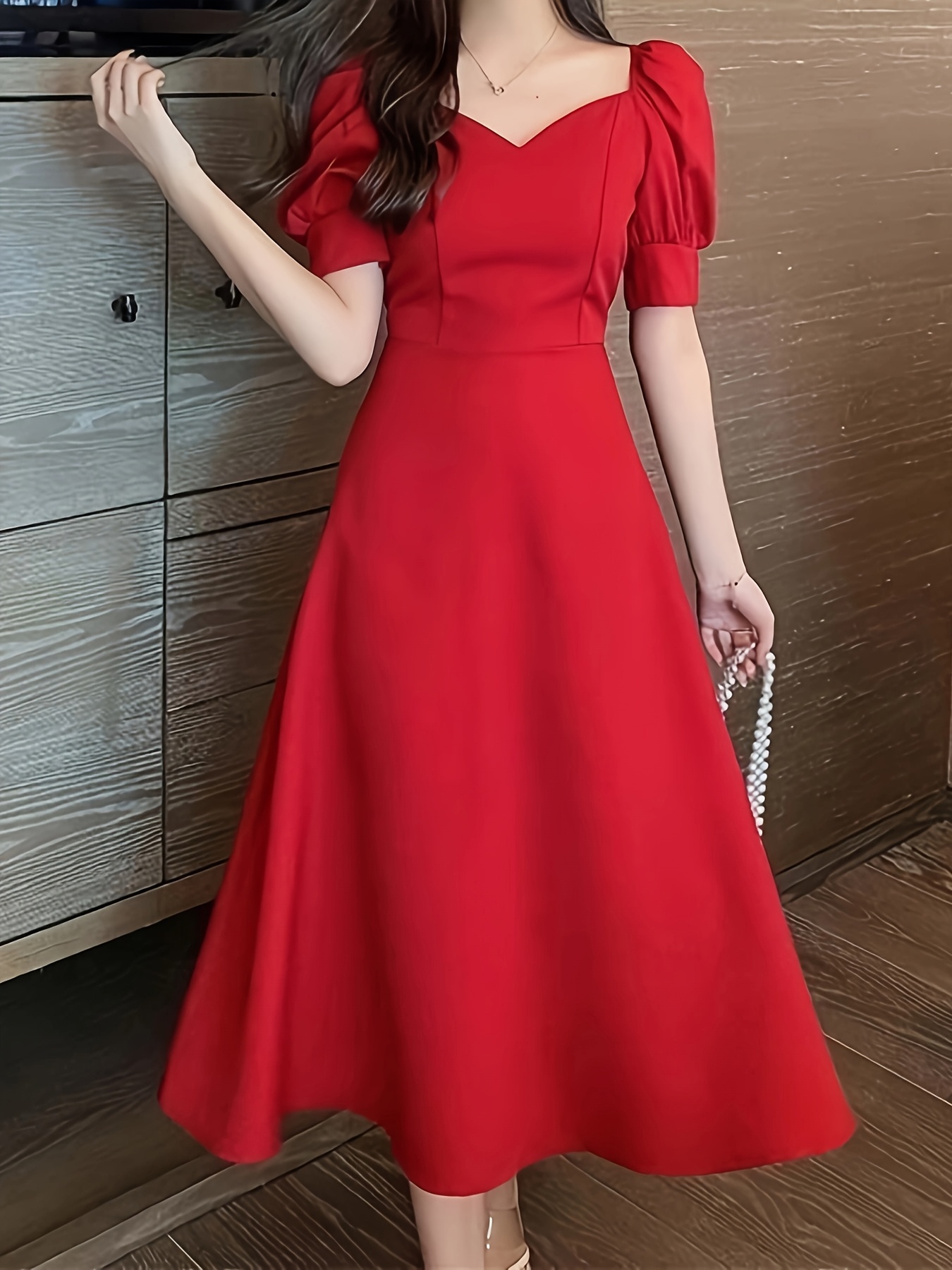 square neck red dress women length summer dress elegant