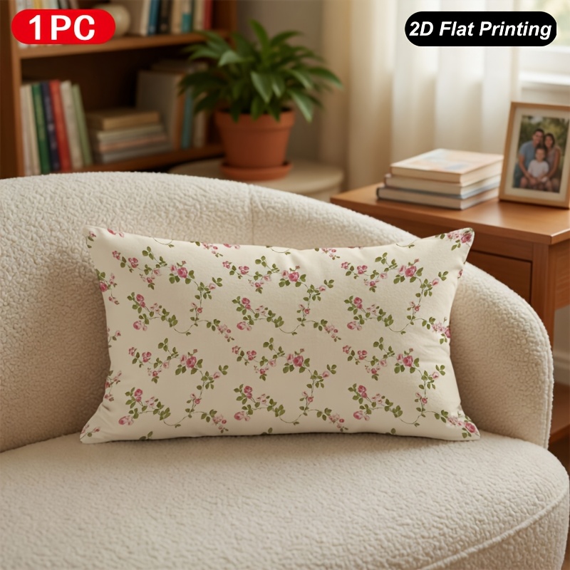TEMU de cojín lumbar de 1 pieza con estampado 2D, floral rosa, para decoración de interiores y exteriores, granja, dormitorio, , sofá, interior de