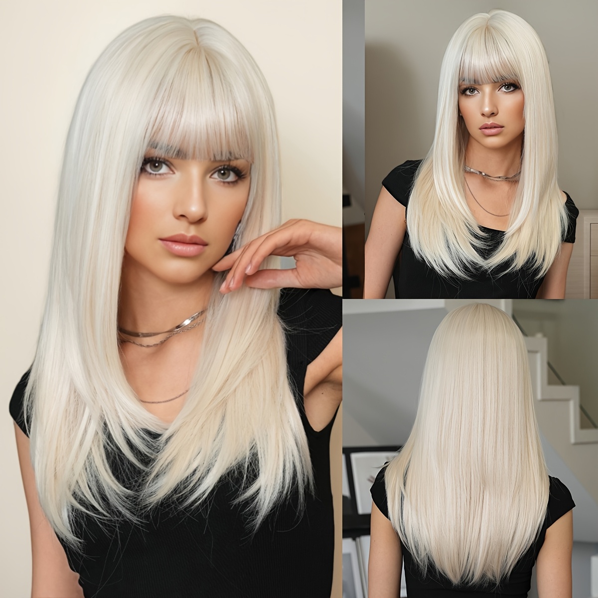 

1pc Namm Straight Synthetic Wig With Bangs, Long Body Wave, Heat Resistant Fiber, 150% Density, Cap, For Cosplay Lolita Style Party