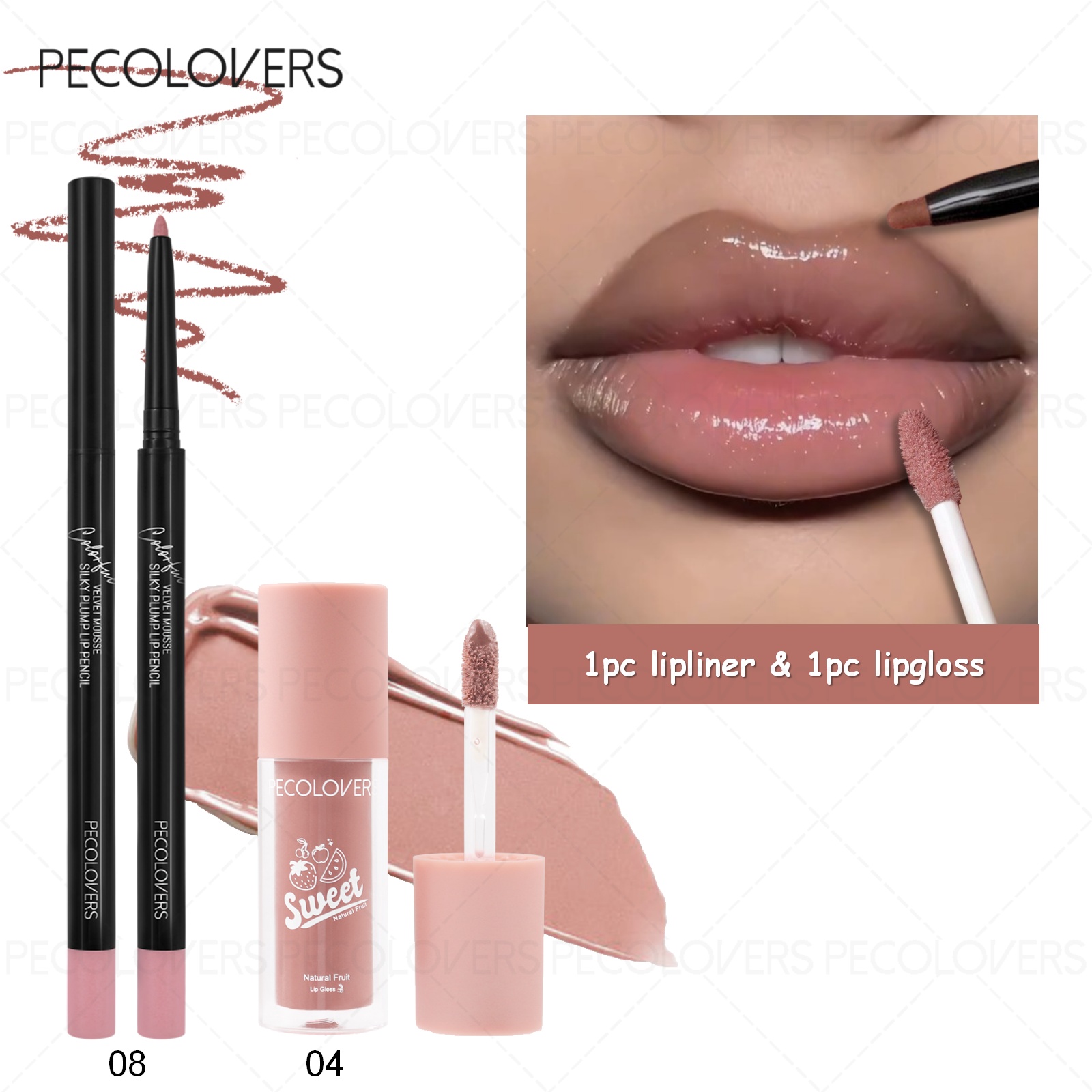 TEMU Set Of 2 Moisturizing Lip Glosses With Matte Lip Liner Pencil In Nude Tones - Long-lasting, Waterproof, Lip Gloss For Lips - High-shine Lip Makeup