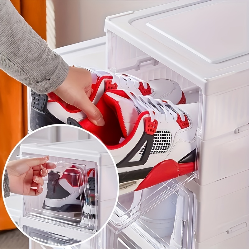 foldable shoe cabinet organizer multi tier plastic storage cubes with doors contemporary home accessory space saving dustproof sneaker display boxes free assembly stackable shoe rack for bedroom dormitory multiple components floor mount shoe containers details 2