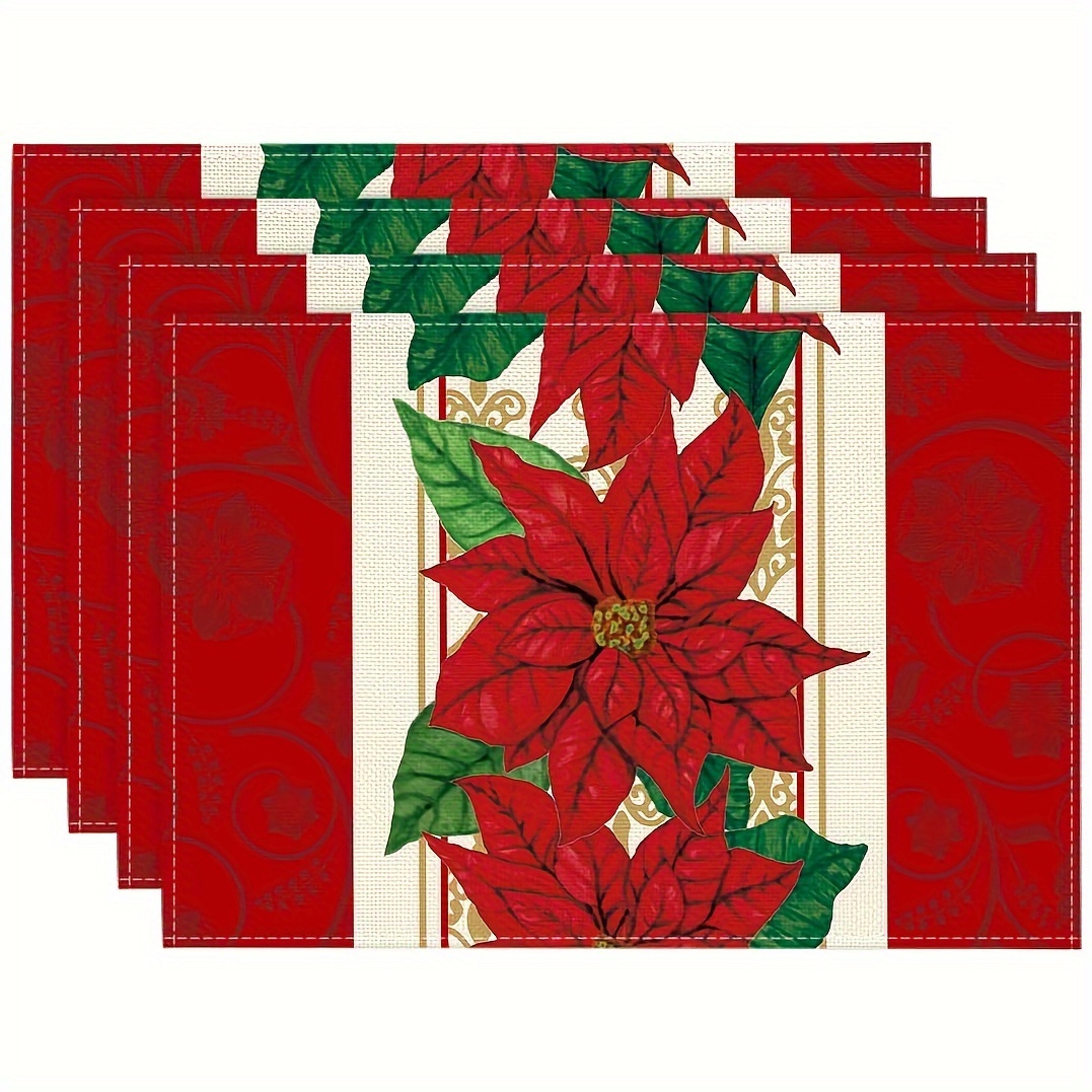 

Christmas Poinsettia Placemats Set Of 4 - 12x18 Inch Polyester Square Table Mats, Machine Washable, Woven Fabric, Flower Pattern, Holiday Dining Decor