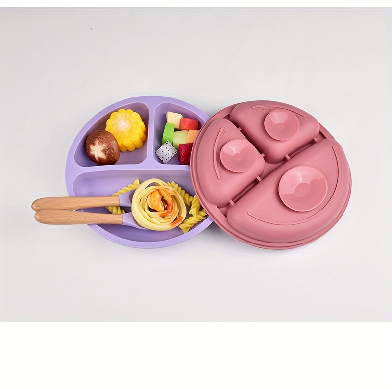 silicone baby feeding set 3 piece suction divider plate with training spoon and fork for infants toddlers bpa free non toxic flatware set for self feeding mixed color suitable for 0 3 years old details 3