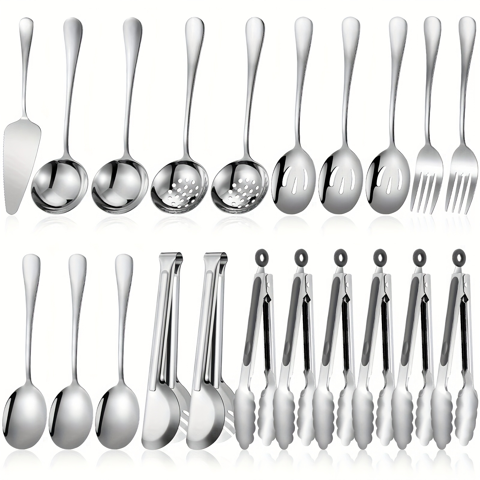 TEMU 19pcs Serving Flatware Set Including Stainless Steel Spatulas Forks Spoons Perforated Spoons Soup Spoons Skimmers Spoon Buffet Tongs Heavy Duty