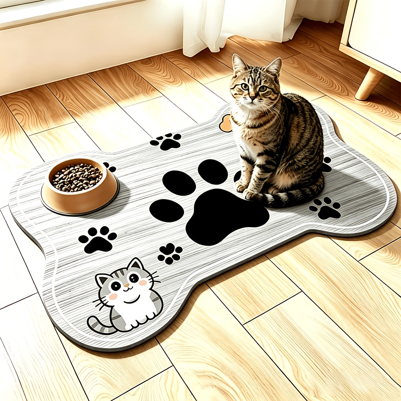 TEMU Kitten And Puppy Double Cartoon Printed Pet Feeding Mat - Bone Shape, Wood Grain Non-slip And Moisture-proof, Easy To Clean, Suitable For Cats