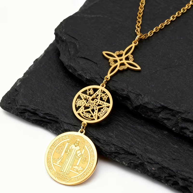 TEMU 1pc Necklace - 316 Steel Catholic And Jewish Spiritual Amulet With St. Benedict Medal, Witch's Knot, Hypoallergenic And Anti-tarnish Pentagram