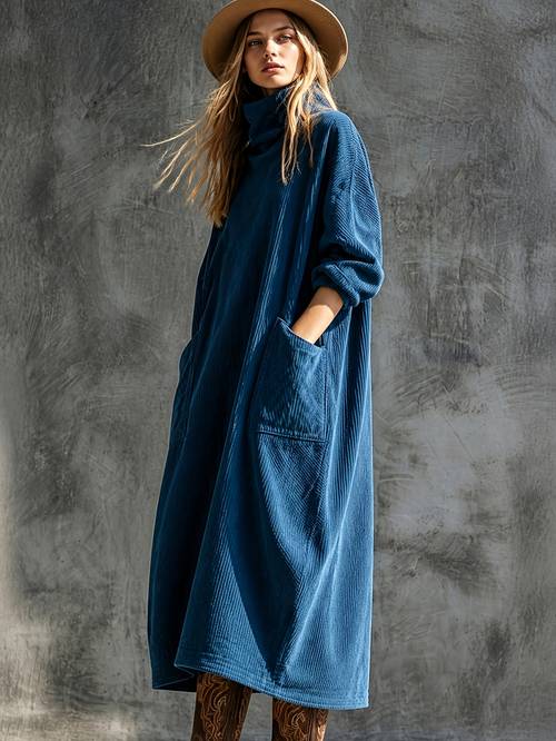 item picture plus size plus size womens corduroy slouchy high neck long dress vintage relaxed artistic style with large patch pockets loose silhouette for a effect spring autumn outing and daily wear dress b8192