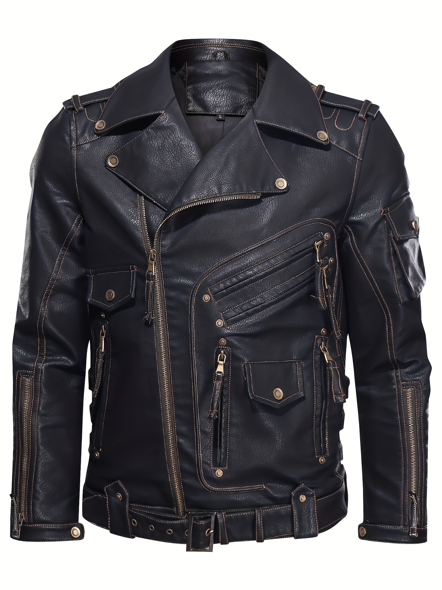 Men's Motorcycle Biker Jacket with Adjustable Belt
