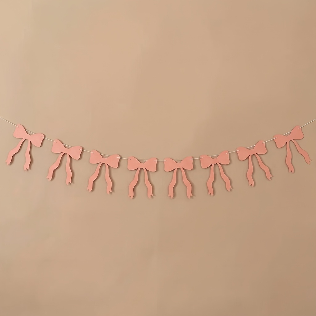Image of Felt Bow Garland, Pink Baby Shower Garland Banner For Fireplace, Wall, Birthday Baby Shower Decorations Halloween Decorations & Christmas Decorations