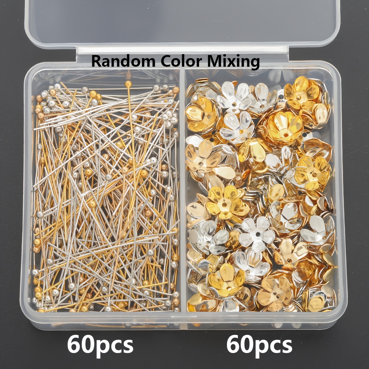 TEMU 120pcs/box Random Mixed Colors, Including 60pcs (30mm) Ball Head Pins And 60pcs Flower-shaped End Caps, Suitable For Knitting Ear Jewelry,