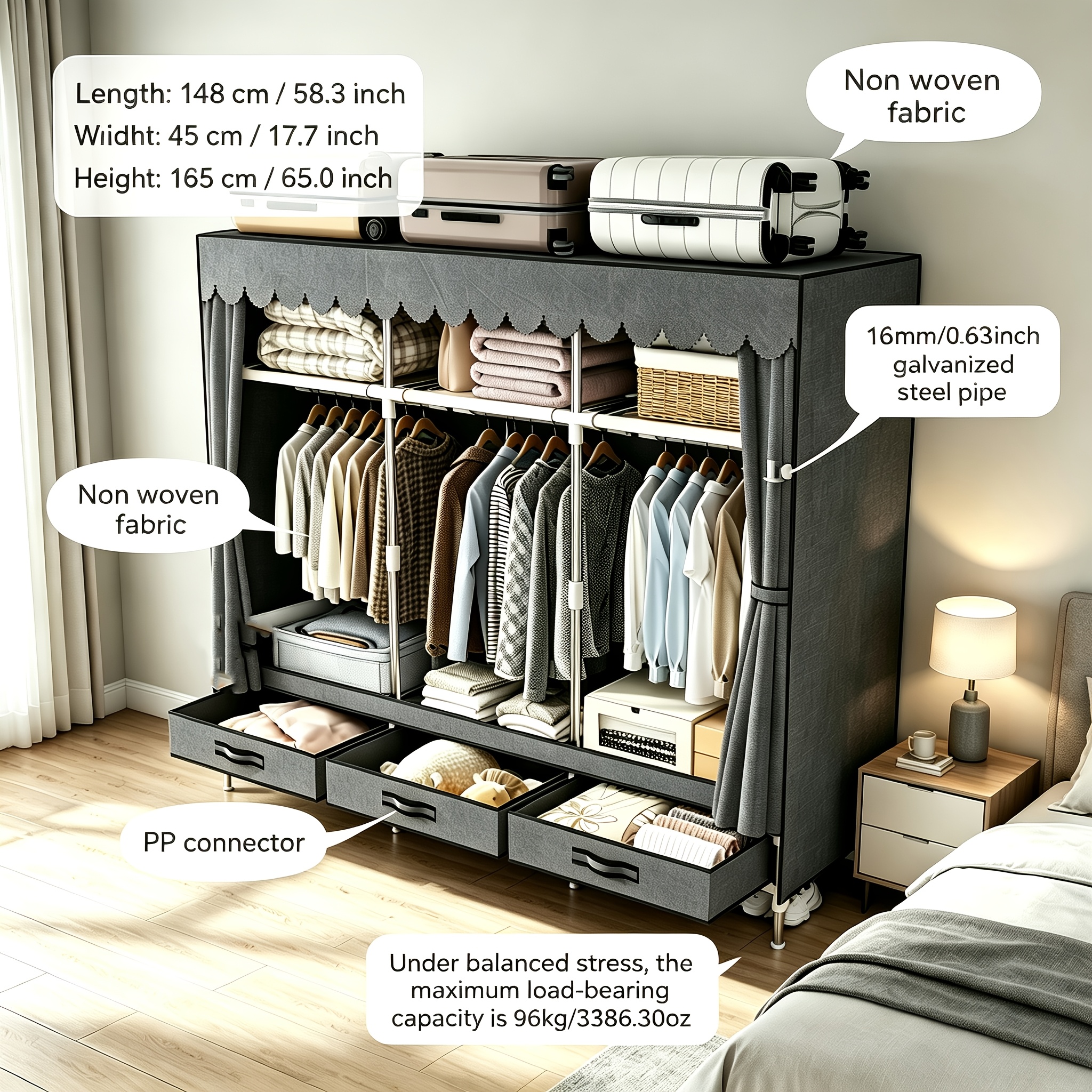 Image of Aosenko 1pc Plain Fabric Wardrobe, Steel Tube Reinforced Stable Frame, 6 Large-capacity Shelves & 3 Hanging Rods, Premium Texture Storage Closet, Ideal For & Housing Types, Portable Closets