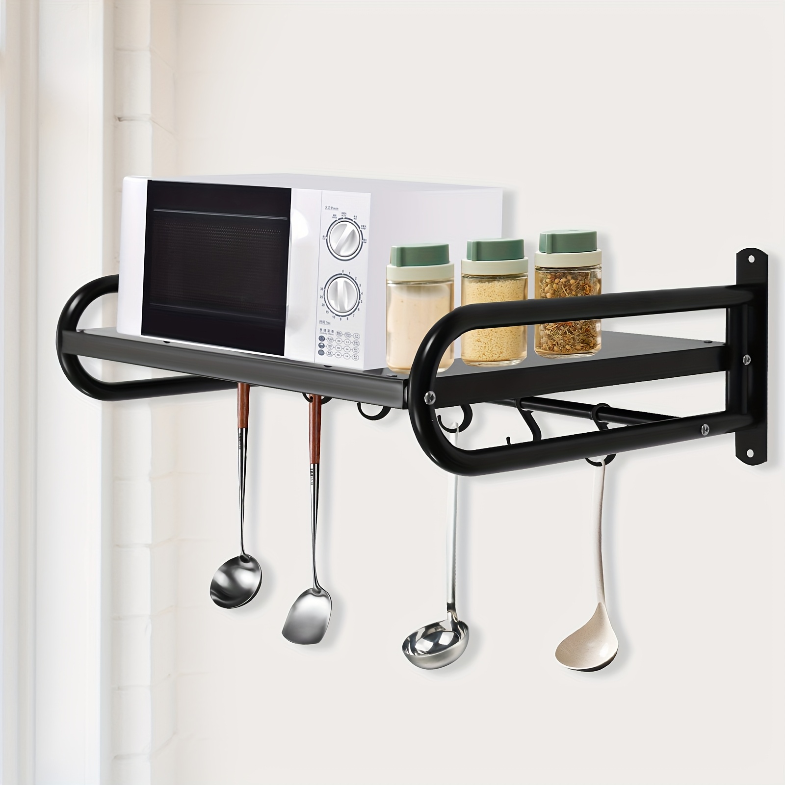 Image of Carbon Steel Wall Shelf Metal Shelving Heavy Duty Commercial Or Household Grade Wall Mount Microwave Oven Shelf With Fixing Kit(black)