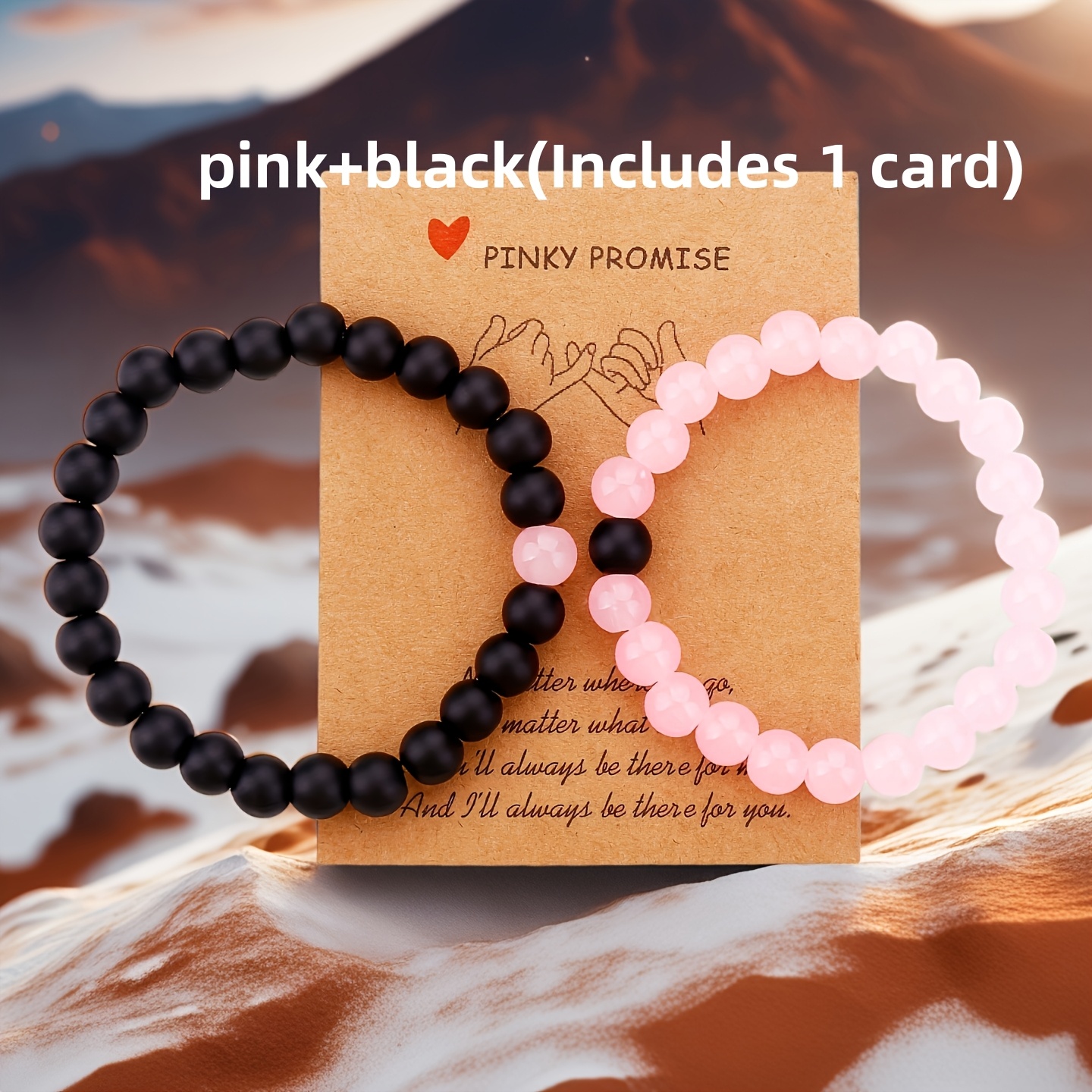 TEMU 2er-Set 8mm handgefertigtes elastisches Perlenarmband für Paare in Rosa, Flieder, Schwarz Weiß mit Karte, Valentinstagsgeschenk
