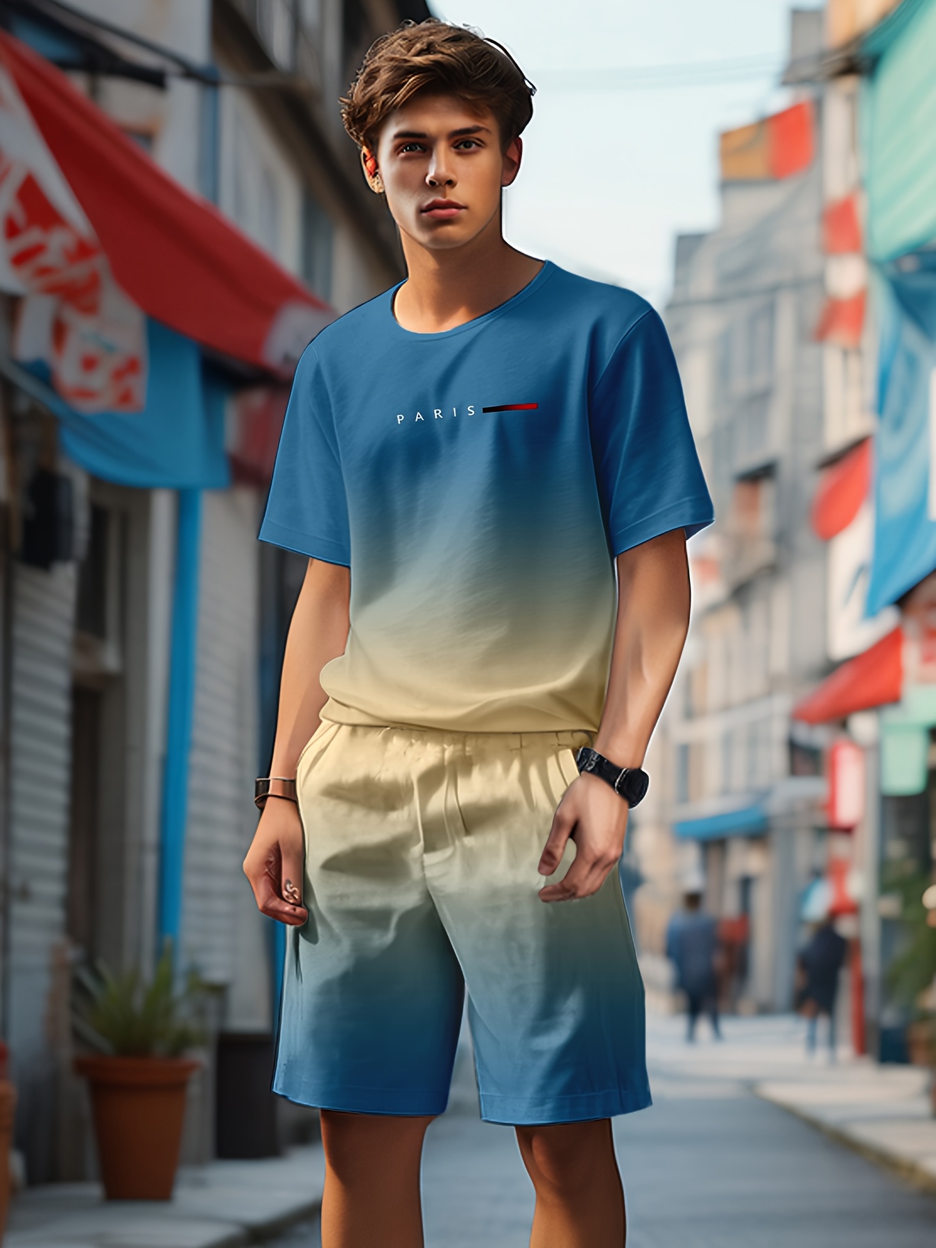 Conjunto de camiseta deportiva y pantalones cortos para jóvenes, estampado  3D moderno con diseño degradado y conjunto casual id