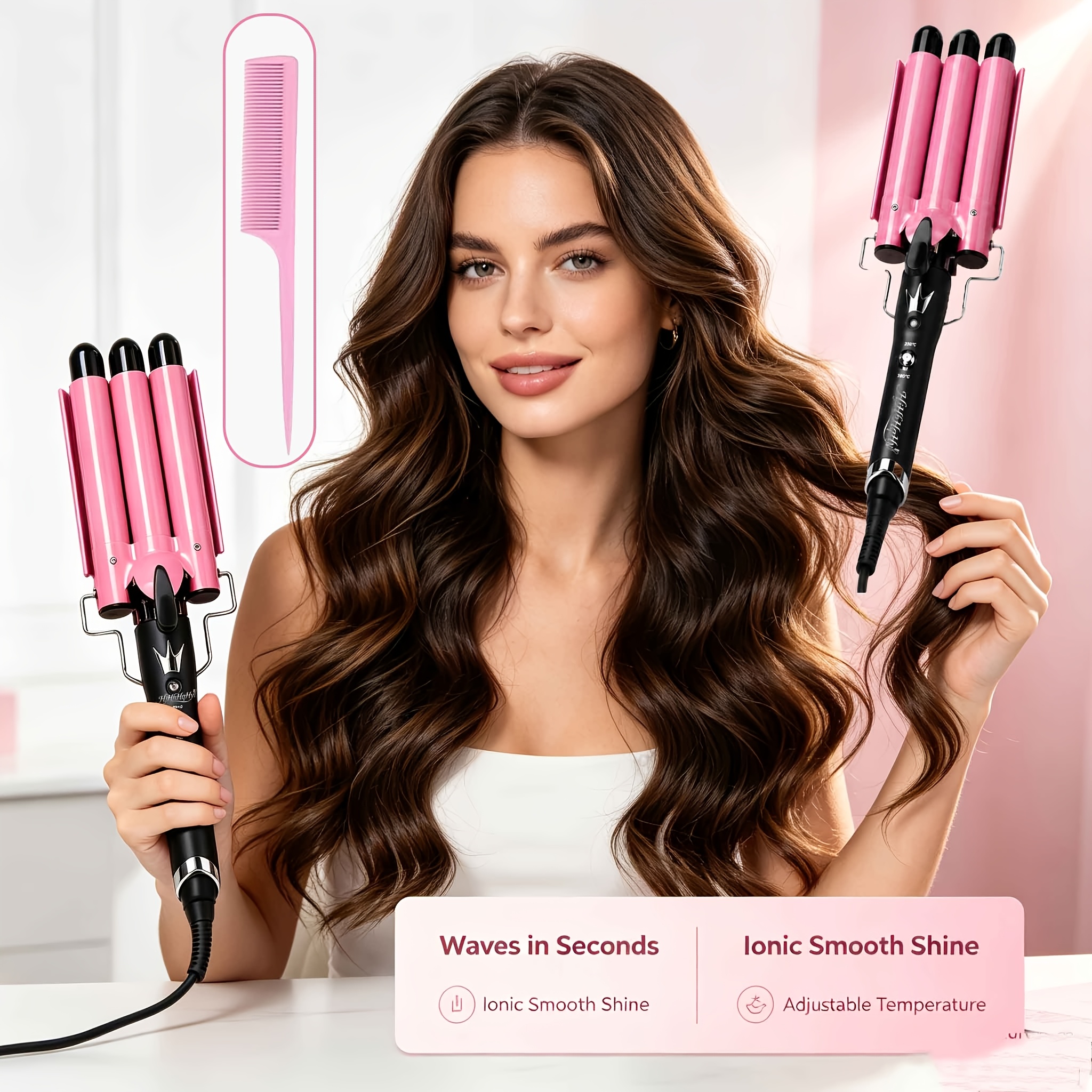 TEMU ["Hjhhhqhy] Fer à boucler à rouleau d'œuf de salon, crée des boucles brillantes frisottis, triple en céramique pour des boucles rebondissantes