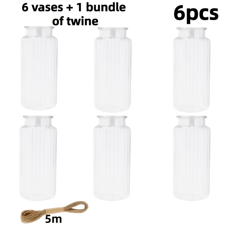 TEMU 6pcs Set Of Thickened Striped Vases, Plastic Transparent, Faux Glass Texture With Hemp Rope Bow Decoration, Mini Vases For Fresh And Dried