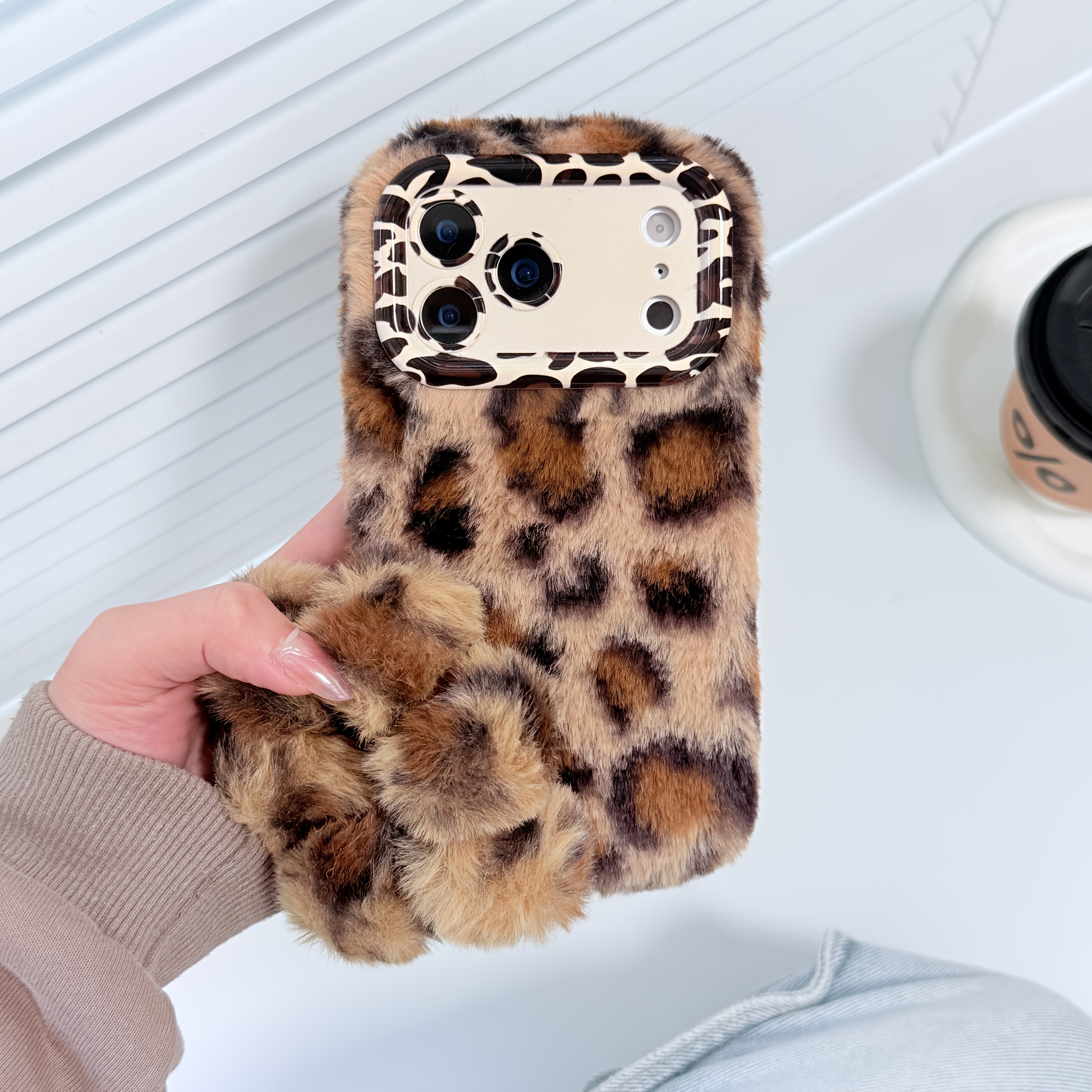 TEMU Phone Case - Fuzzy Leopard Print Phone Case With For Iphone 17 16 15 14 13 12 11 Pro Max