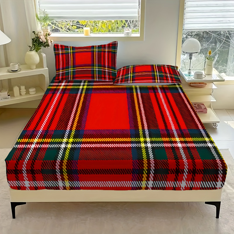 TEMU 3pcs Elastic Bed Set, Fitted Sheet Set, Polyester Material With Classic Checkered Design Pattern, 12-inch High Fitted Sheet, Suitable For Home