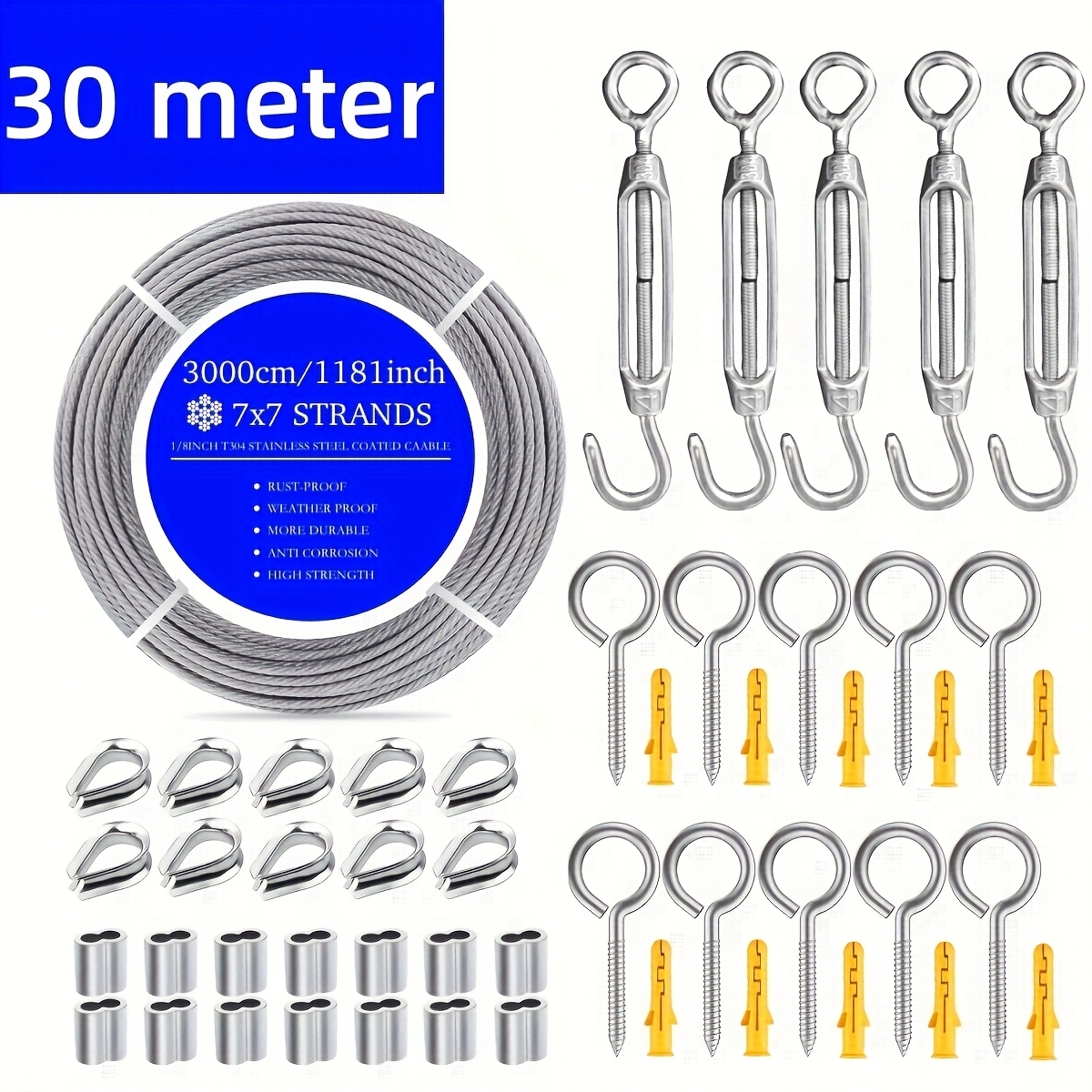E-shop Edelstahl-Kabelspanner-Set, korrosionsbeständig und hitzebeständig – Ideal für Außenbeleuchtung, Vorhänge, Trocknung, Sonnenschutz und Zäune