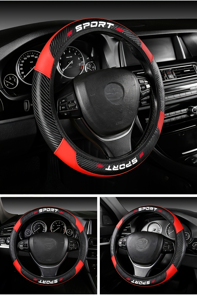 Funda para Volante de PU con Costuras de Imitación de Cuero de Fibra de Carbono, Adecuada para Volantes de Coche de 15 Pulgadas, Universal para Cuatro Secciones