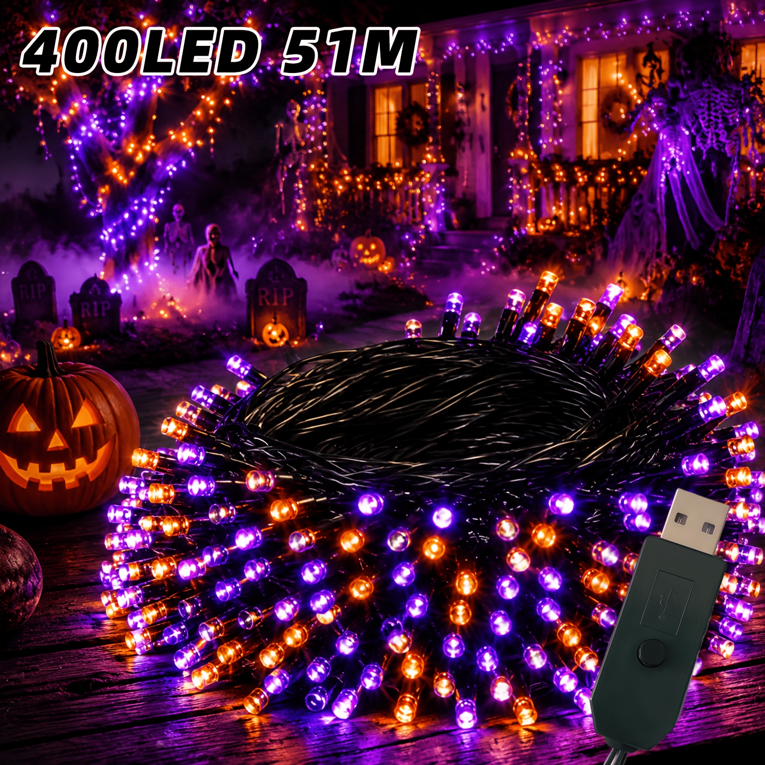 TEMU Purple-orange Fairy Halloween String Lights, 400/240/120 Led -brightness Bulbs, Usb Plug Powered, 12 Lighting , Suitable For , , , Weddings,