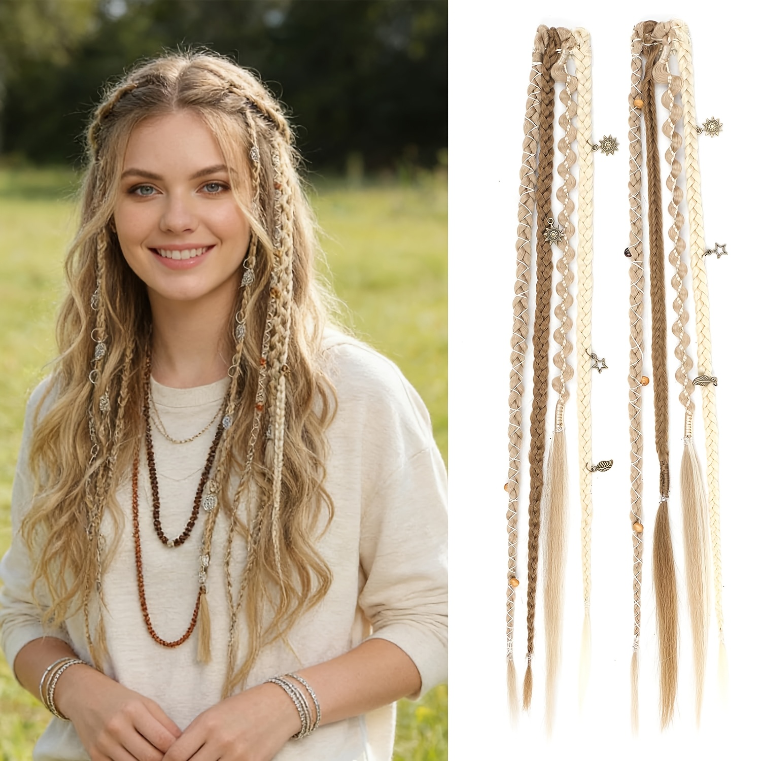 Image of Bohemian 16 Inch Clip In Braid Hair Extensions, Boho Dreadlock Braids With Daily Wear Beads & Exquisite Accessories, Synthetic Braided For Women