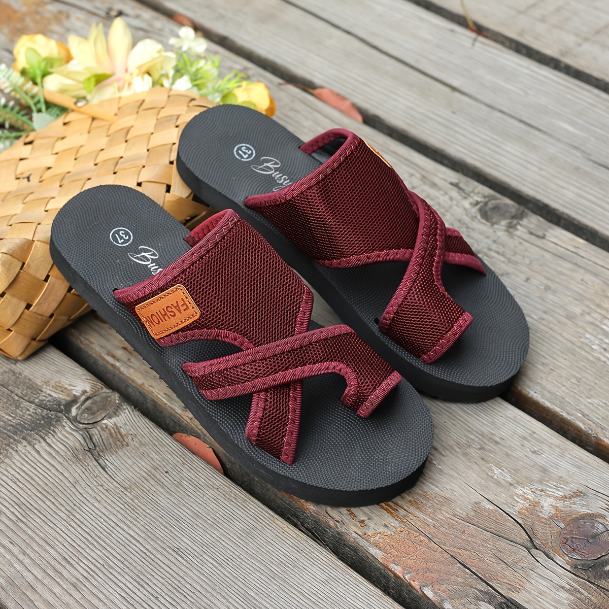Women's Toe Loop Slide Sandals, Breathable Mesh Fabric Flat Lightweight Casual Indoor Outdoor Summer Slippers, Women Shoes