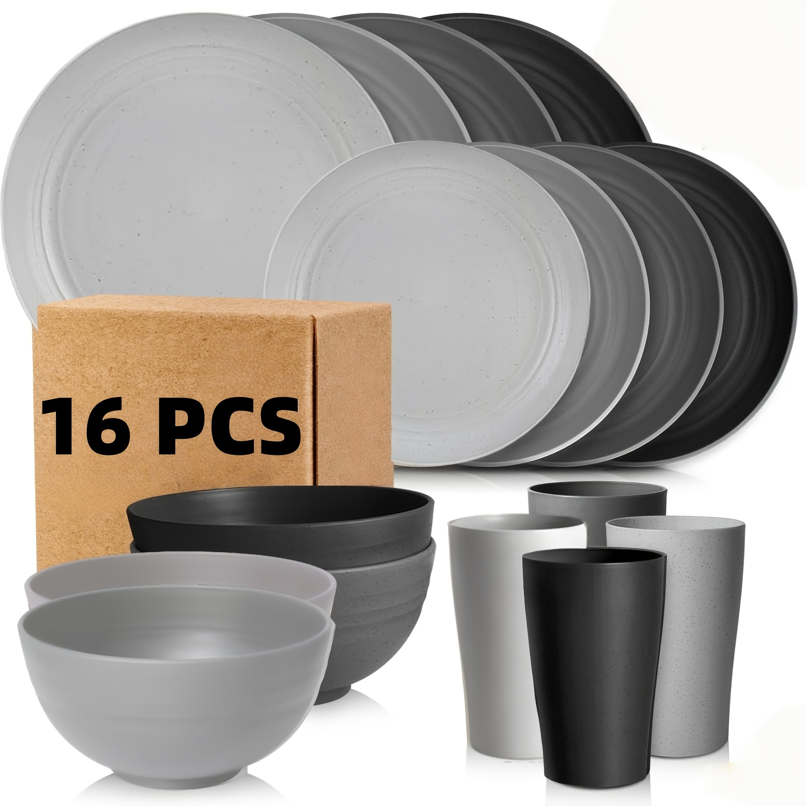 TEMU Juego de cubiertos de 32/16 piezas de plástico PP, juego de cubiertos moderno y resistente - Platos + Platos de postre + Tazones + Vasos, para