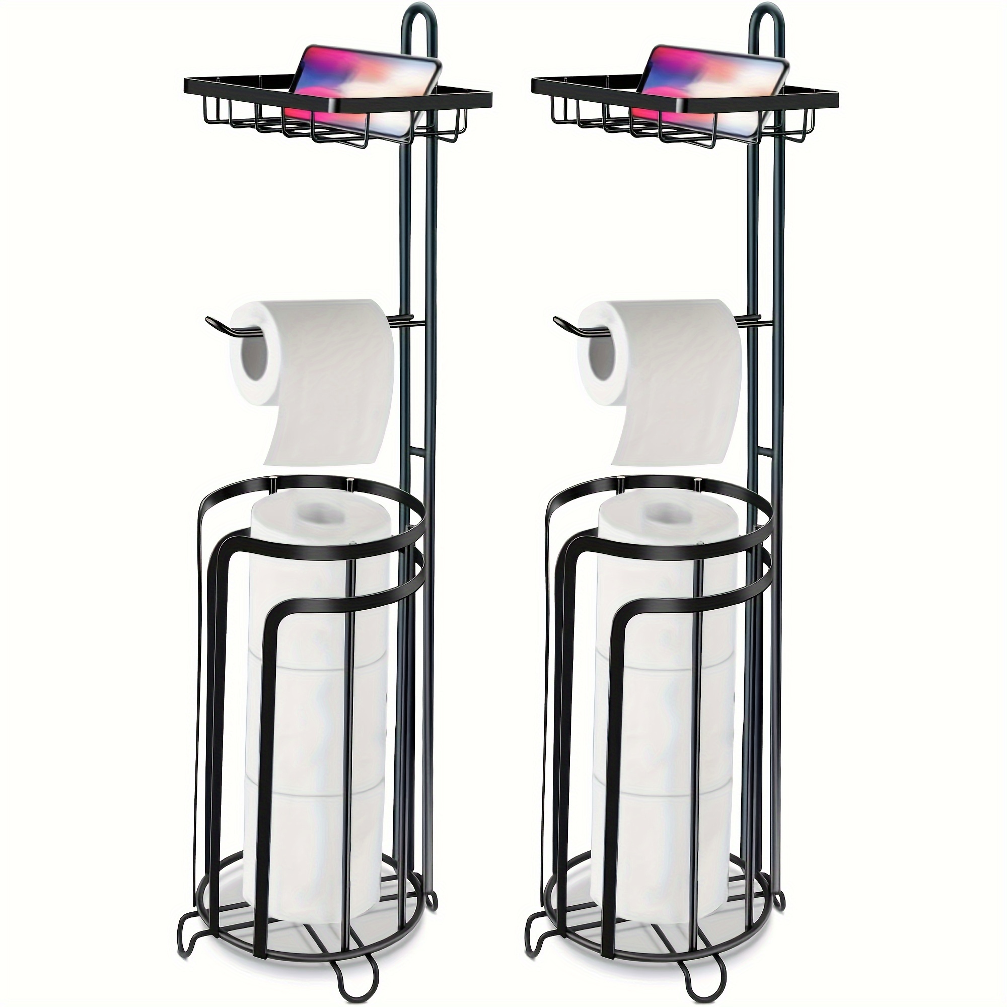 

2 Pack, Paper Holder Stand With Shelf, Free Standing Toilet Tissue Roll Storage Rack For Bathroom