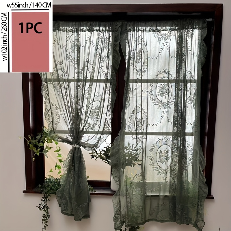 TEMU 1pc Of Style Green Romantic Lace See Through Curtain, Pole Pocket Window, Living Room Balcony Partition Curtain, Dining Room Kitchen Bathroom