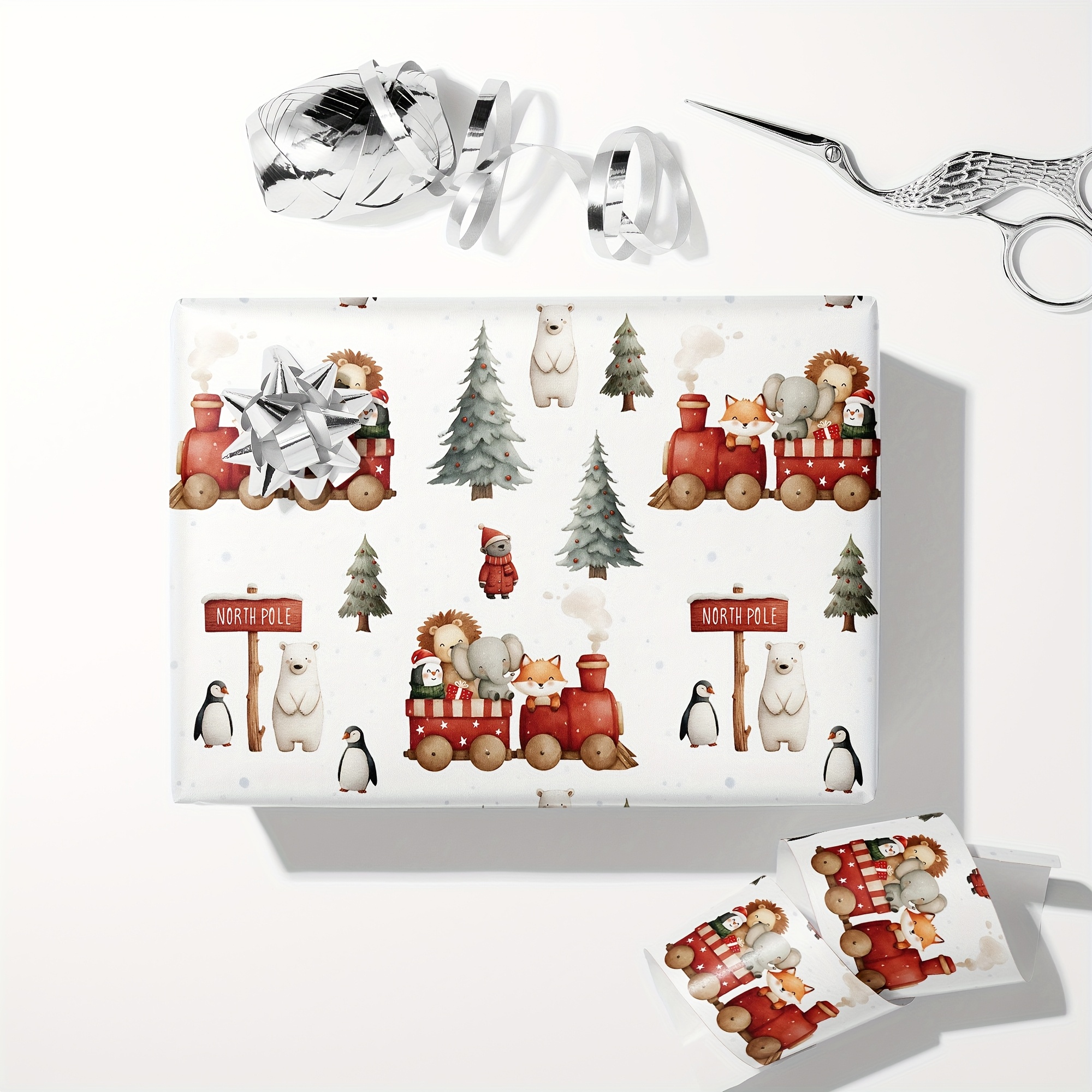 6pcs North Pole Christmas Wrapping Paper For Boys Girls - White Animal Xmas Gift Wrap With Train Fox Penguin For Birthday Holiday Party Winter Baby Shower Wedding - 20 X28inch Per Sheet