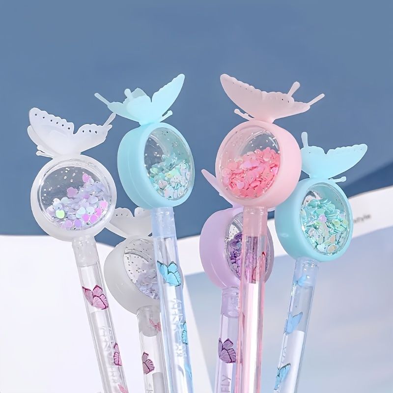 

5pcs Cute Butterfly Gel Ink Pens With Glitter, Fashionable Black Writing Rollerball Pens, Durable Plastic Material For Students, Party Stationery Gifts.