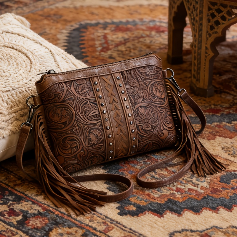 Image of Women's Pu Crossbody Bag - Boho Western Carved Print, Adjustable Strap And Multi-pocket, Versatile Vacation Bag, Perfect Gift For Women (brown, Khaki, Black)