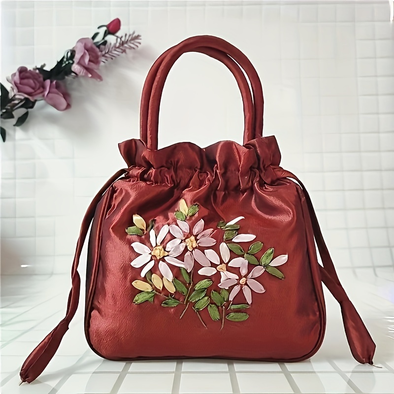 

Chic Embroidered Floral Handbag For Women - Versatile Nylon Tote With Zip Closure, Available In Multiple Colors