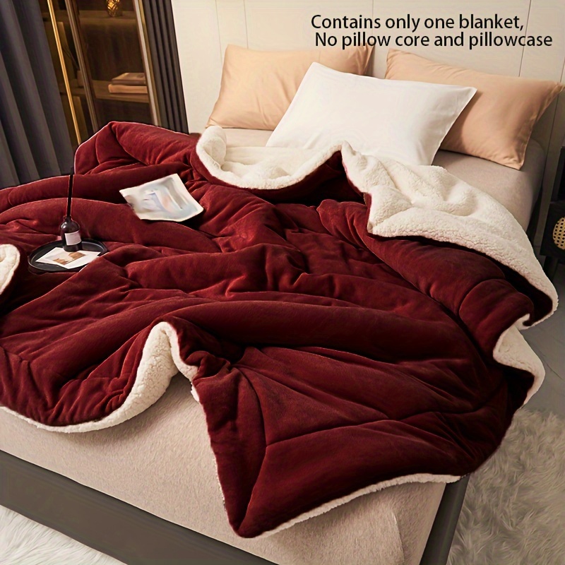 

1pc Burgundy Color Blanket Milk Fleece Lamb Fleece Press Line Blanket Casual Blanket Throw Blanket Lunch Blanket