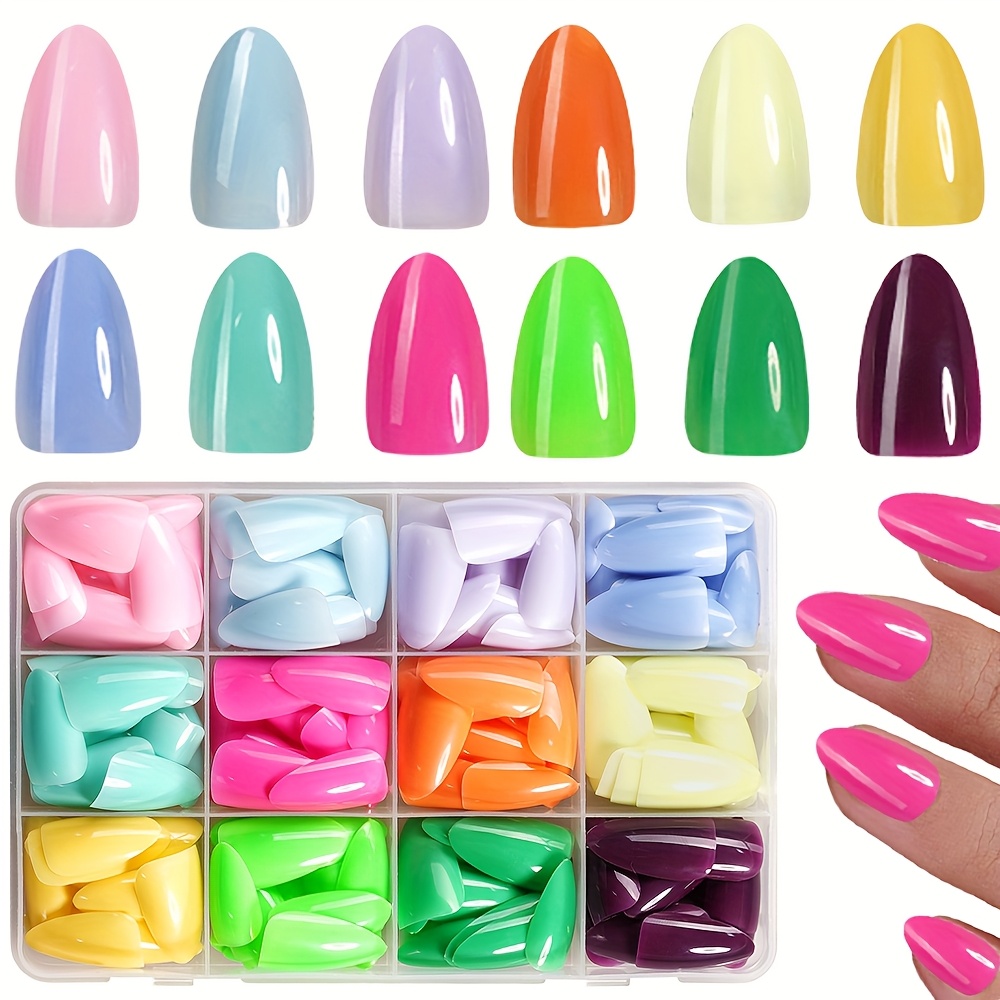 E-shop 288 Stück Kurze Mandel--On Nagelsticker, glänzende Oberfläche, Nageldekoration bestehend aus 12 Macaron-Farben, geeignet für Frauen und