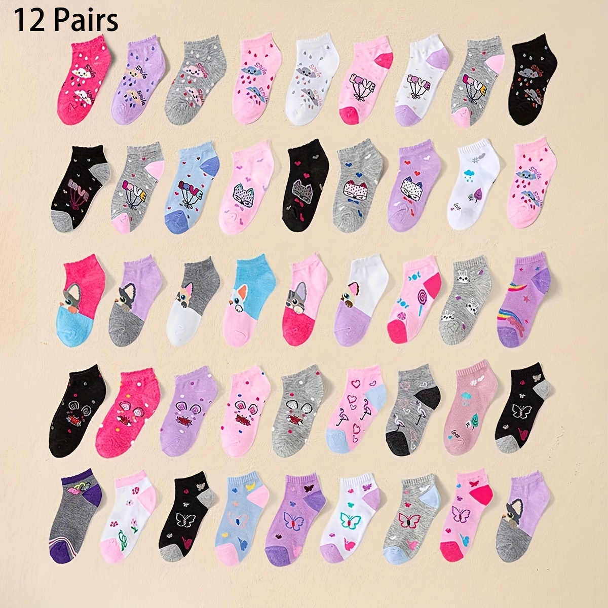 12 Pairs Short Socks For Girls, Suitable For Daily Casual Wear, Random Colors