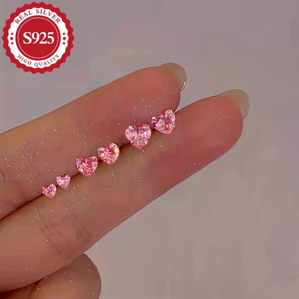 

Mini 925 Sterling Silver Hypoallergenic Stud Earrings With Pink Heart Design Simple Leisure Style Delicate Female Gift