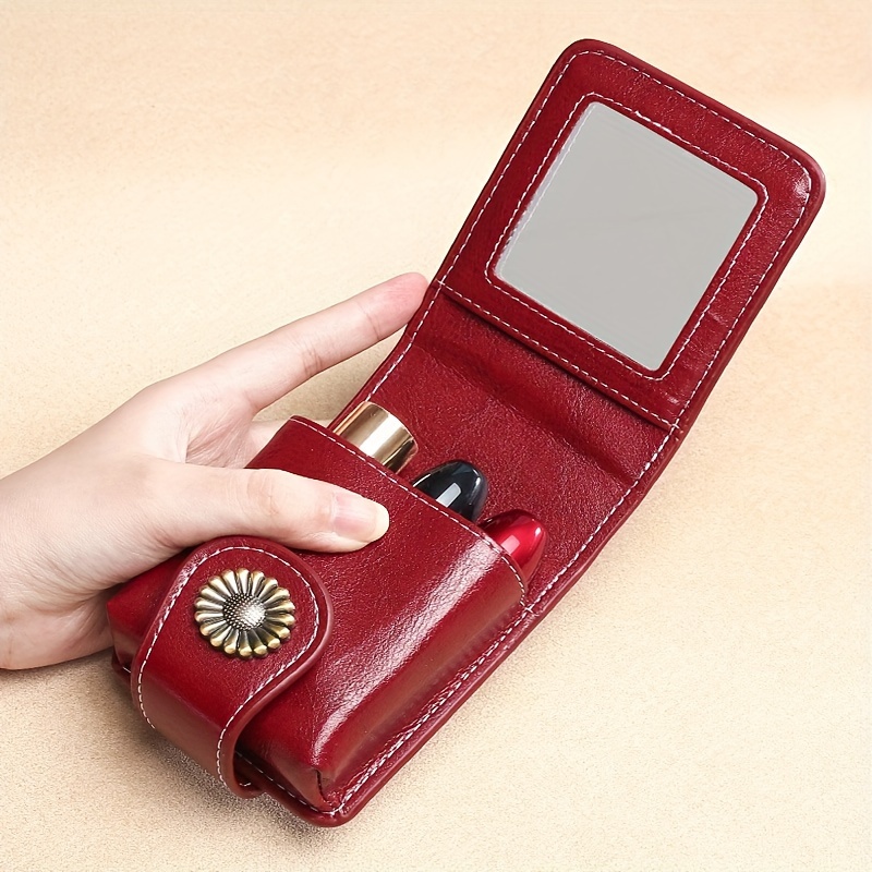 

Vintage-inspired Leather Lipstick Holder With Mirror - Portable Mini Makeup Pouch, Dual-layer Cosmetic Organizer For On-the-go Touch-ups Makeup Accessories Small Makeup Bag