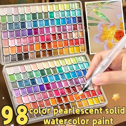 98 color metallic watercolor paint set portable and lightweight high solid pigment starry tone suitable for artists and professionals very suitable for painting sketching diy handicrafts perfect gift for festivalspearlescent