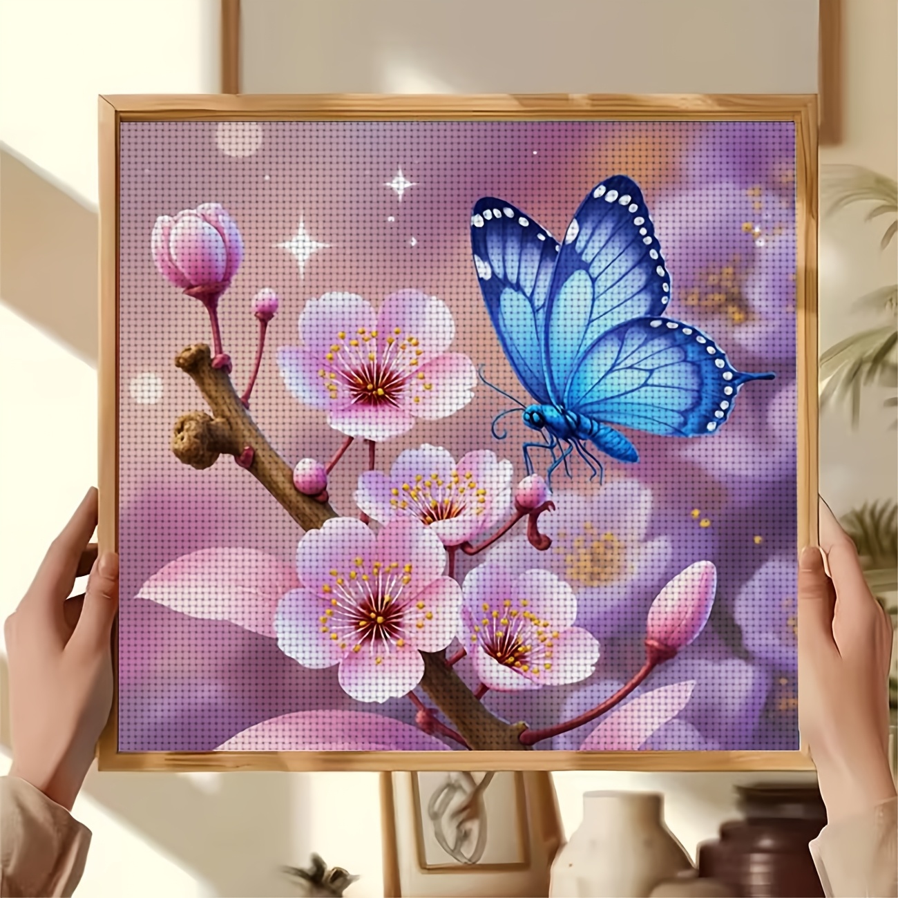 Cross-Stitch Printing Kit Without Frame, Blue Butterfly on Pink Flower Design