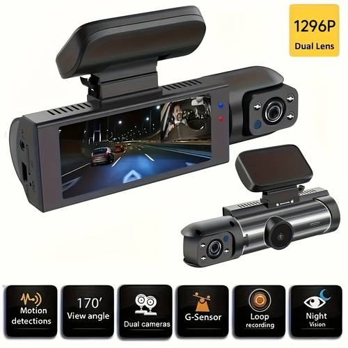 1296p dash cam for cars front and inside car camera with ir loop recording wide angle car dvr camera with inch ips screen dual lens car dashboard video cam and dash cam