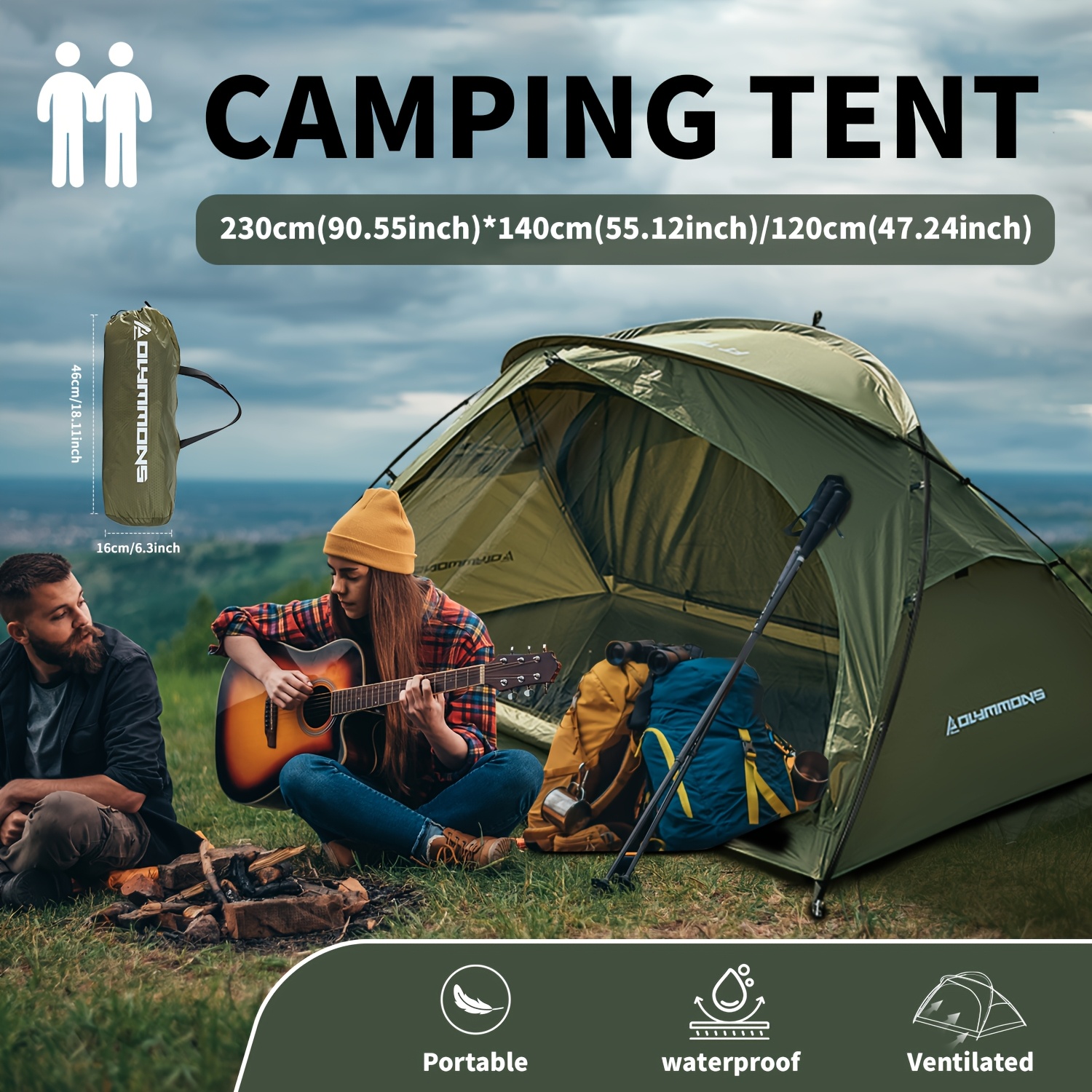 Tente de Camping Ultralégère avec Abris Sac de Transport pour Randonnée Voyage Randonnée Vert 2 Personnes