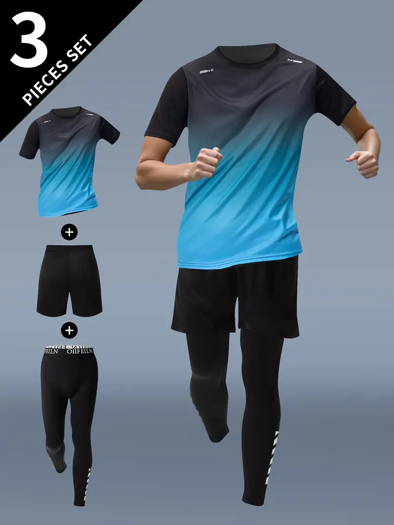 3pcs mens fitness set athletic shorts short sleeve shirt running jacket blue to black gradient stretchy polyester blend crew neck summer sportswear for running and training workout apparel gradient design knit construction gym clothe Product details 20