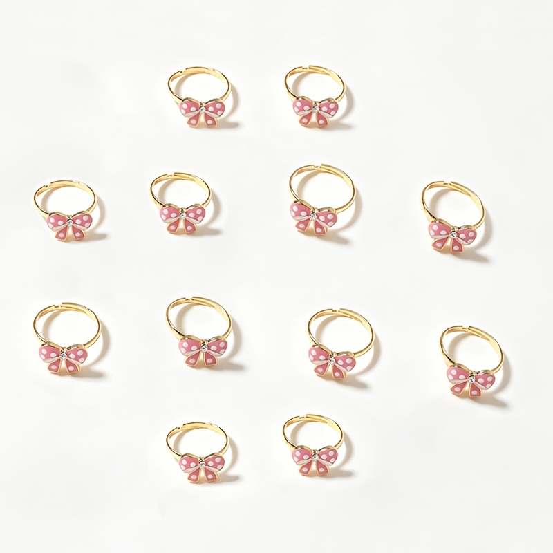 TEMU 12pcs Pink Polka Dot Bow-style , -encrusted Teardrop Adjustable Ring, Princess-inspired Versatile Jewelry For Girls- Daily Wear, Best Friend