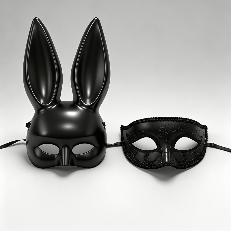 TEMU Ensemble de 2 masques demi-visage combinés, masque de lapin à longues oreilles à motif vintage, disponible et blanc, avec sangles réglables pour