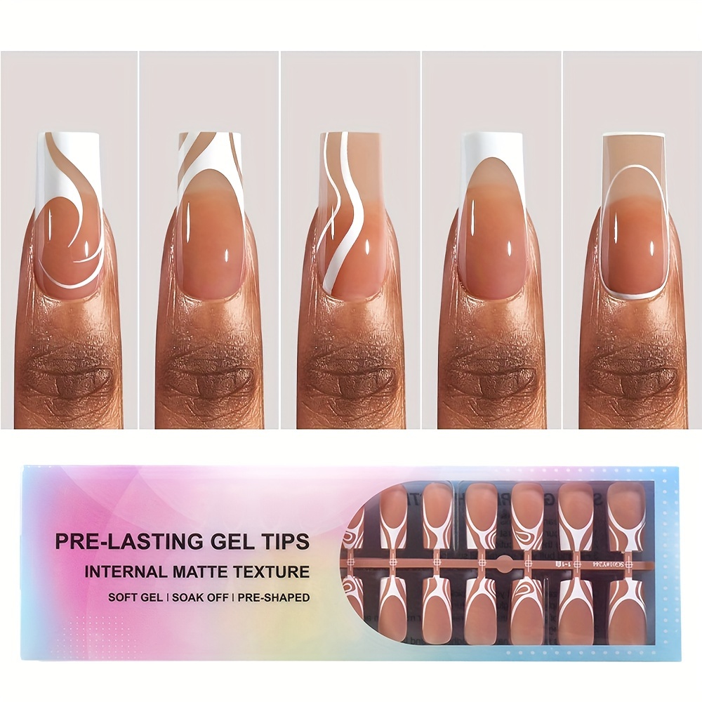 

150 Pcs French Tip Nail Tips - 5 Styles: Long, Square, Pre-designed Swirls, Soft Gel, Soak-off, Pre-shaped. Suitable For Diy And Professional Use. Brown Tones, Matte Finish.